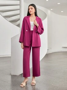 Seusyu Lapel Neck Double Button Blazer & Pants - Hot Pink - View 1