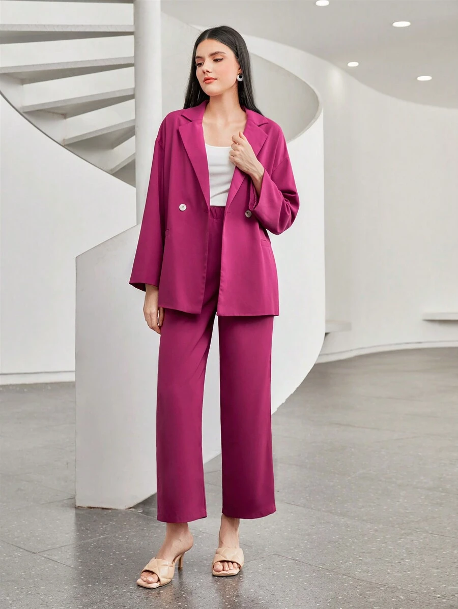 Seusyu Lapel Neck Double Button Blazer & Pants - Hot Pink - View 1