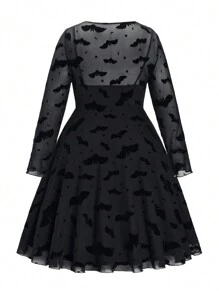 SHEIN LUNE Plus Halloween Bat Print Mesh Dress Without Belt Fall Cloth For Women - Black - View 2