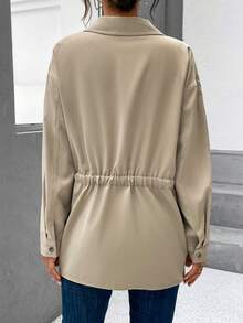 SHEIN Essnce 有蓋口袋落肩抽繩馬甲 - 卡其色 - 查看 2