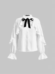 SHEIN MOD 繫帶領荷葉邊喇叭袖襯衫 - 白色 - 查看 1