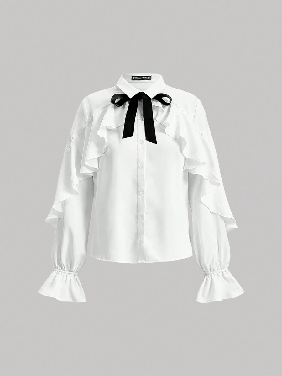 SHEIN MOD 繫帶領荷葉邊喇叭袖襯衫 - 白色 - 查看 1