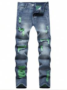 Men Ripped Washed Jeans - Medium Wash - View 1