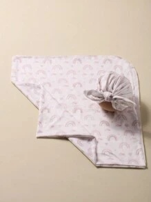 SHEIN Newborn Girl Photography Props Rainbow Print Swaddle Blanket With Matching Turban Hat Baby Girl PhotoShoot Wrap - Multicolor - View 5