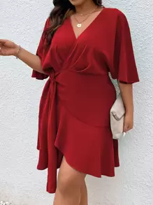 SHEIN Clasi Plus Flounce Sleeve Ruffle Trim Wrap Knot Side Dress Burgundy Color Women Outfit - Burgundy - View 3