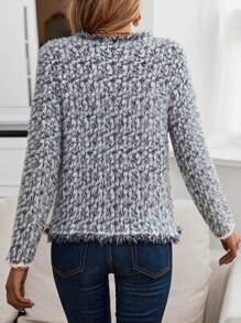 SHEIN Privé Marled Knit Flap Detail Button Front Cardigan - Black and White - View 2