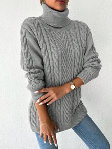 SHEIN Jersey cuello alto tejido de cable de hombros caídos