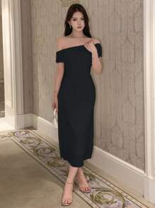 DAZY 纯色露肩褶皱连衣裙，生日、新年、舞会、优雅吊带裙、返校节礼服、婚纱、嘉年华女装 - 黑色 - 查看 3