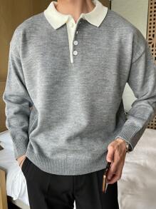 DAZY Men Contrast Polo Neck Drop Shoulder Sweater,Fall Clothes - Grey - View 4