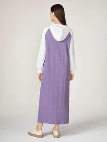 Mulvari Two Tone Raglan Sleeve Drawstring Hooded Dress - Purple - View 2