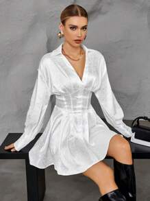 SHEIN Privé Jacquard Drop Shoulder Fold Pleated Detail Shirt Dress - White - View 6