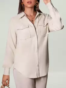 SHEIN Essnce Abrigo con bolsillo con solapa bajo curvo - Caqui - Ver 5