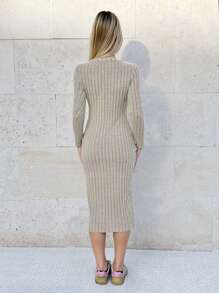 SHEIN EZwear Nút Thông qua Đồ đan Ribbed Váy bodycon - Màu be - Xem 2