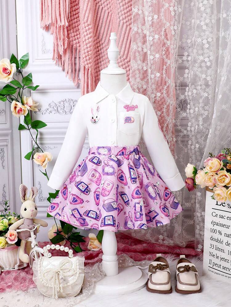 Baby Girl Letter Patched Shirt & Bunny Print Skirt