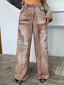 SHEIN ICON Denim Effect Print Pants - Khaki - View 3
