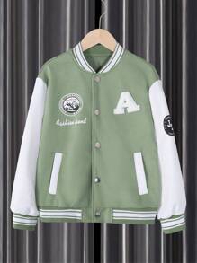 男大童字母圖案雙色學院風夾克 - 橄欖綠 - 查看 1