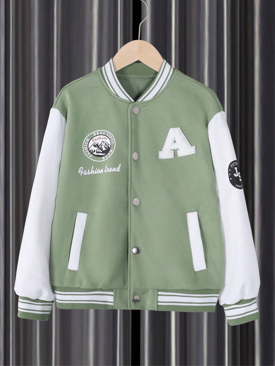 男大童字母圖案雙色學院風夾克 - 橄欖綠 - 查看 1