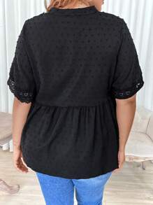 SHEIN Holidaya Plus Swiss Dot Tie Neck Contrast Lace Blouse - Black - View 2