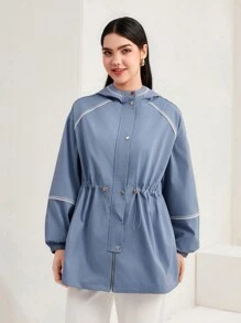 Mulvari Contrast Piping Drawstring Waist Zip Up Coat - Blue - View 4