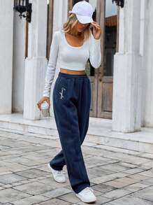 SHEIN Cottnline Letter Pattern Elastic Waist Sweatpants - Navy Blue - View 4
