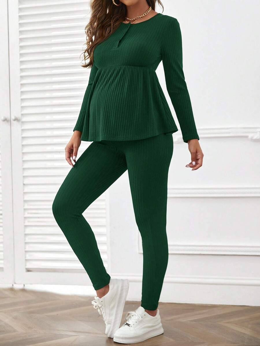 SHEIN Thai sản Đồ đan Ribbed Áo thun & Vòng eo có thể điều chỉnh Xà cạp - xanh quân đội - Xem 1