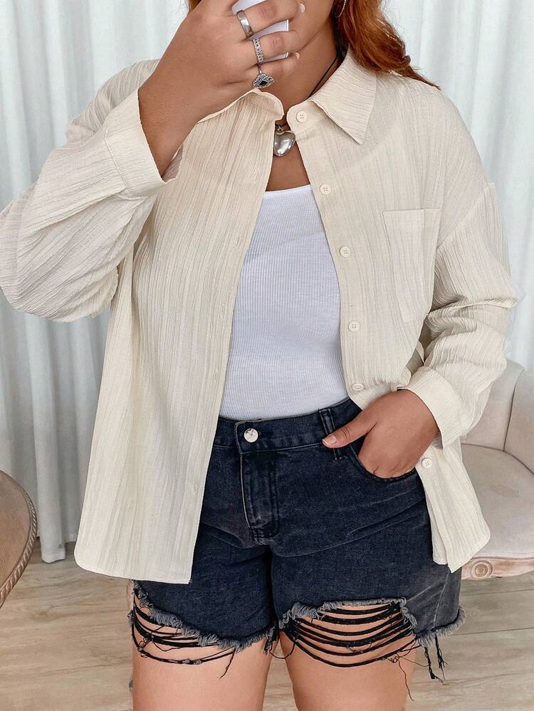 Plus Drop Shoulder Pocket Patched Shirt Fall Cloth For Women