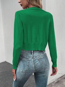 SHEIN LUNE 素色前紐扣短款開衫 - 綠色 - 查看 2