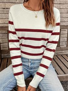 SHEIN LUNE 秋冬条纹插肩袖毛衣 - 紅色 - 查看 4