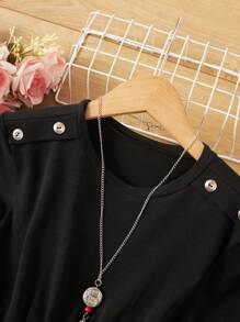 RueChic Tween Girl Button Detail Mesh Overlay Dress - Black - View 4