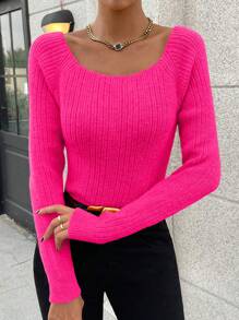 Chiquease Jersey de cuello scoop de manga raglán tejido de canalé - Rosa Fucsia - Ver 3