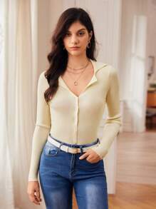 SHEIN Frenchy Solid Ribbed Knit Button Front Cardigan Winter Casual - Beige - View 3