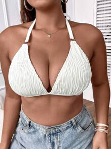 SHEIN Swim Curve Talla grande Top bikini halter vinculado con aro de espalda abierta con cordón - Beis - Ver 1