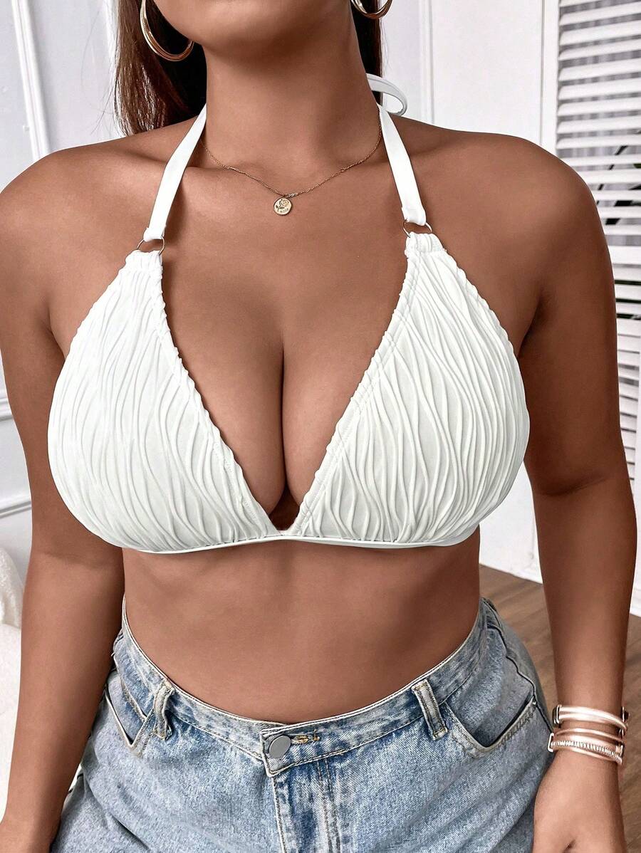 SHEIN Swim Curve Talla grande Top bikini halter vinculado con aro de espalda abierta con cordón - Beis - Ver 1