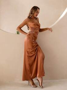 ANGEL FASHIONS Ruched Split Thigh Satin Cami Dress - Brown - View 5