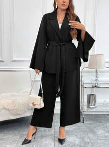 SHEIN Clasi 大碼喇叭袖腰帶西裝外套&闊腿褲 - 黑色 - 查看 4