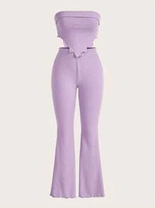 SHEIN EZwear 木耳邊頭巾下擺短款抹胸上衣&喇叭褲 - 紫丁香色 - 查看 1