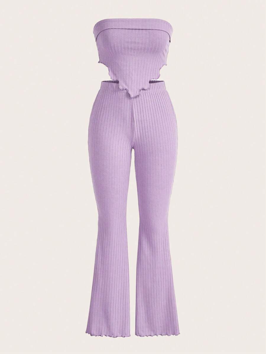 SHEIN EZwear 木耳邊頭巾下擺短款抹胸上衣&喇叭褲 - 紫丁香色 - 查看 1