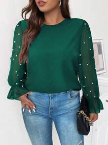 Celure Plus Pearls Beaded Flare Sleeve Blouse - Dark Green - View 4