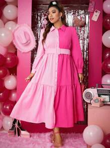 Calvaya Plus Two Tone Ruffle Hem Belted Shirt Dress - Hot Pink - View 4