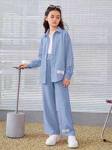 SHEIN Leap Crew Tween Girl Slogan Graphic Drop Shoulder Shirt & Wide Leg Pants