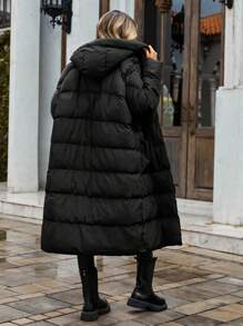 SHEIN Cottnline Solid Flap Pocket Hooded Puffer Coat - Black - View 2