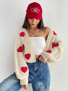 Flirla Heart Pattern Drop Shoulder Duster Cardigan Fall Winter Cloth For Women - Multicolor - View 4