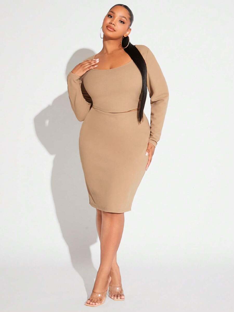 SHEIN SXY Plus Square Neck Crop Tee & Pencil Skirt - Khaki - View 1