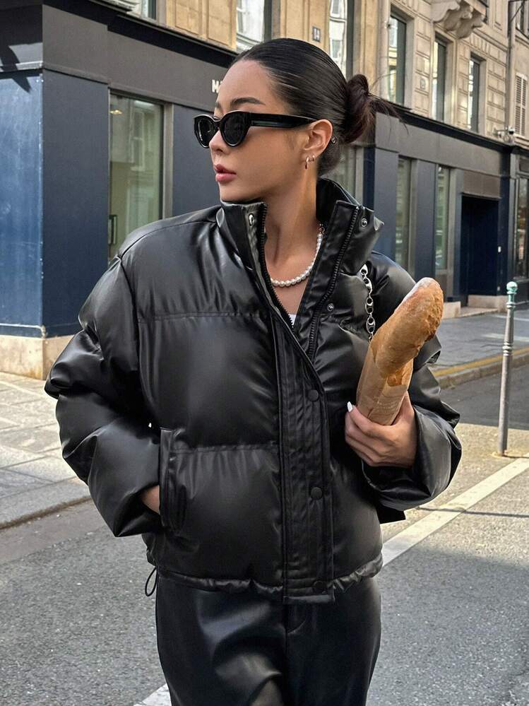 DAZY Női egyszínű hosszú ujjú, egysoros, állógalléros, hétköznapi téli kabát, bőrkabát, női kabát - Fekete - View 7