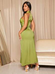 SHEIN SXY 正面褶飾掛脖洋裝 - 綠色 - 查看 2