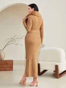 Modelyn Solid Bodycon Sweater Dress & Fuzzy Trim Duster Cardigan 2 Piece Set - Camel - View 2