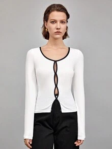 BizChic Contrast Binding Button Front Tee - White - View 5