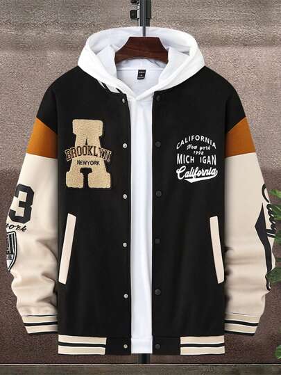 Manfinity Campus Court Aesthetic Post--Loose Fit Men's Long Sleeve Letter Graphic Colorblock Drop Shoulder Varsity Jacket Without Hoodie, For Fall