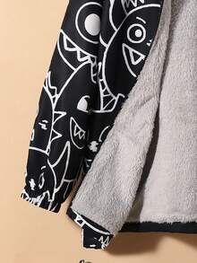 SHEIN 小男童標語和卡通圖案連帽加絨內裏外套 - 黑色 - 查看 4