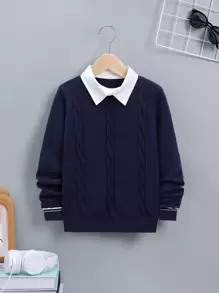 SHEIN 男大童撞色領絞花針織二合一毛衣 - 藍色 - 查看 1